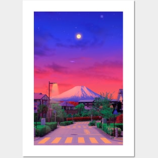 Yellow fuji moon at night Posters and Art